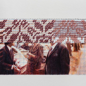 Almuerzo en Tomen, Lápiz a color y bordado sobre papel, 46.5x46.5cm. 2021. US$340