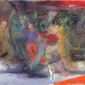 Fiesta con mascaras, temple sobre tela, 50 x 90 cm